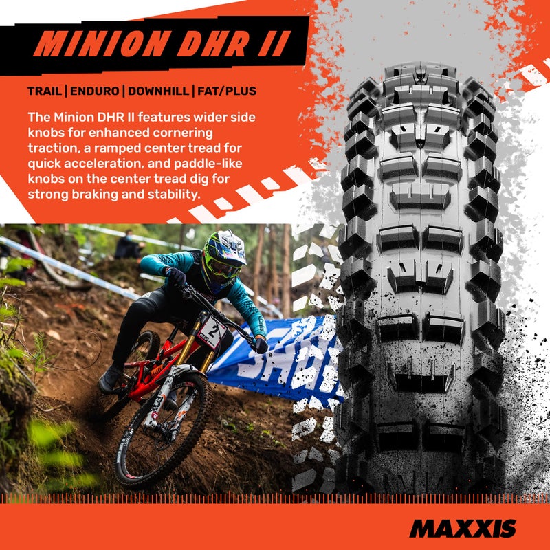 Maxxis ماكسيس مينيون DHR II - 27.5x2.30 - EXO، E25 | مركب مزدوج EXO - تصنيف E25، بدون أنابيب | قوة كبح ممتازة وثبات في الزوايا على التضاريس الوعرة - Image 2